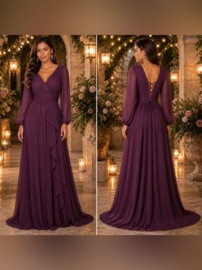 Women's Plum Long Sleeve V-Neck Lace-Up Back Maxi Dress